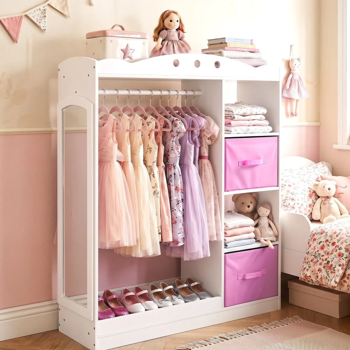 Kindergarderobe mit Spiegel Kinder Kleiderschrank aus Holz mit Offenen Regalen & Kleiderstange Weiß