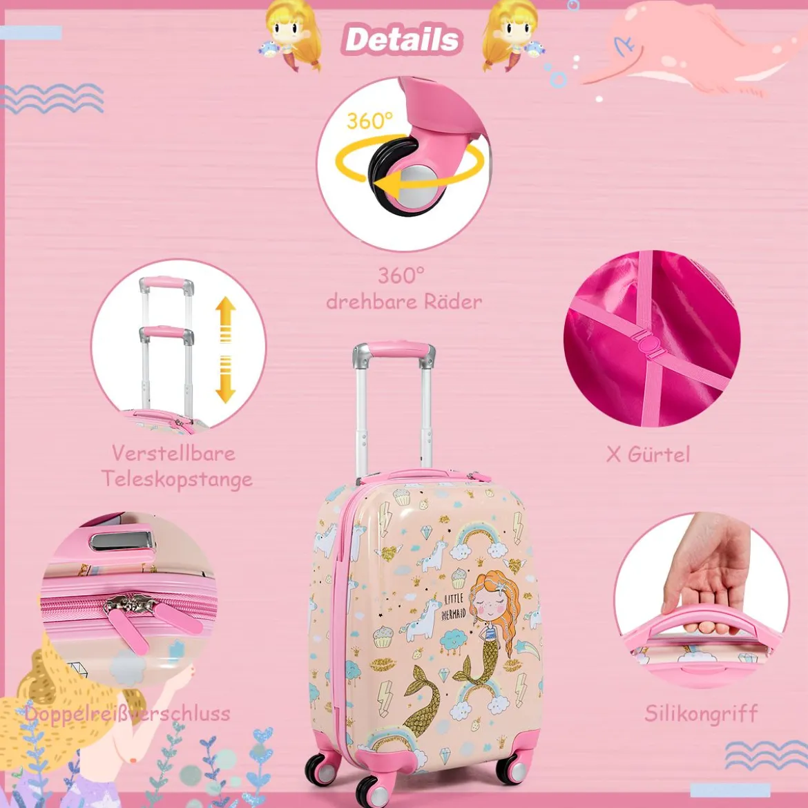 Kindergepäck Meerjungfrau Reisekoffer Kinderkoffer Set mit Rucksack Rosa