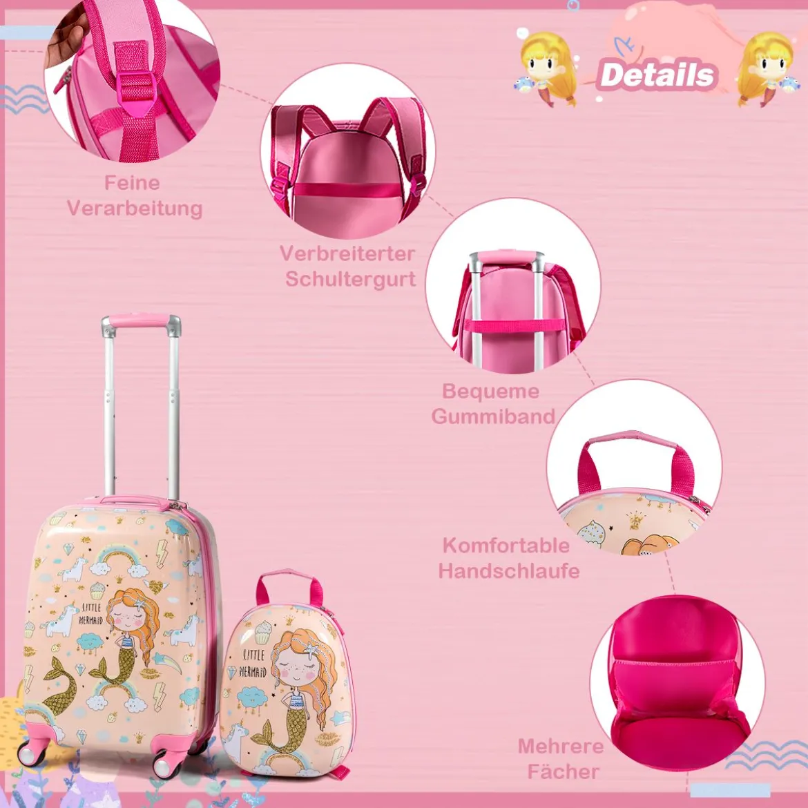 Kindergepäck Meerjungfrau Reisekoffer Kinderkoffer Set mit Rucksack Rosa