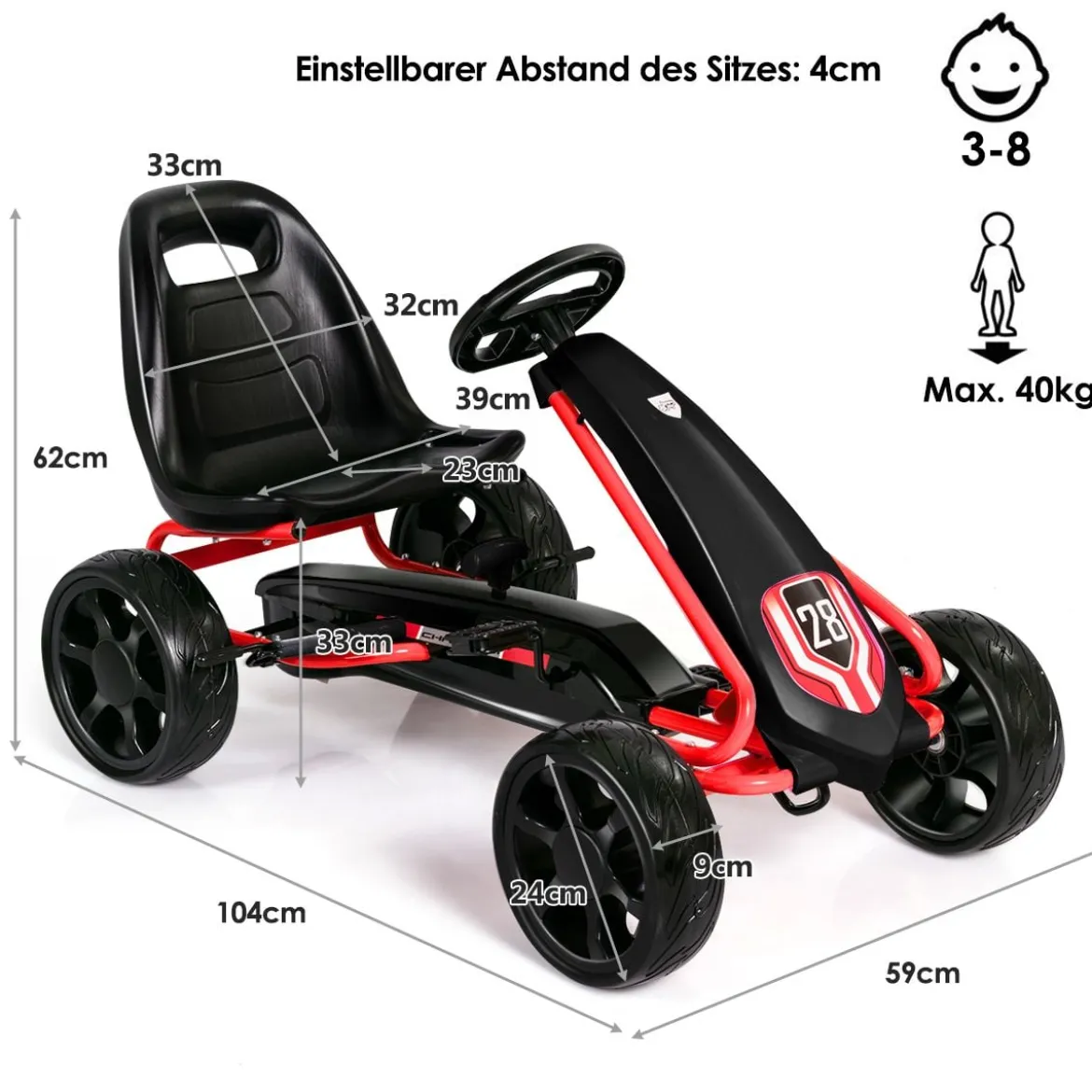 Kinder Gokart Kinder-Kart mit verstellbarem Sitz Kindergefährt 104 x 59 x 62 cm Schwarz