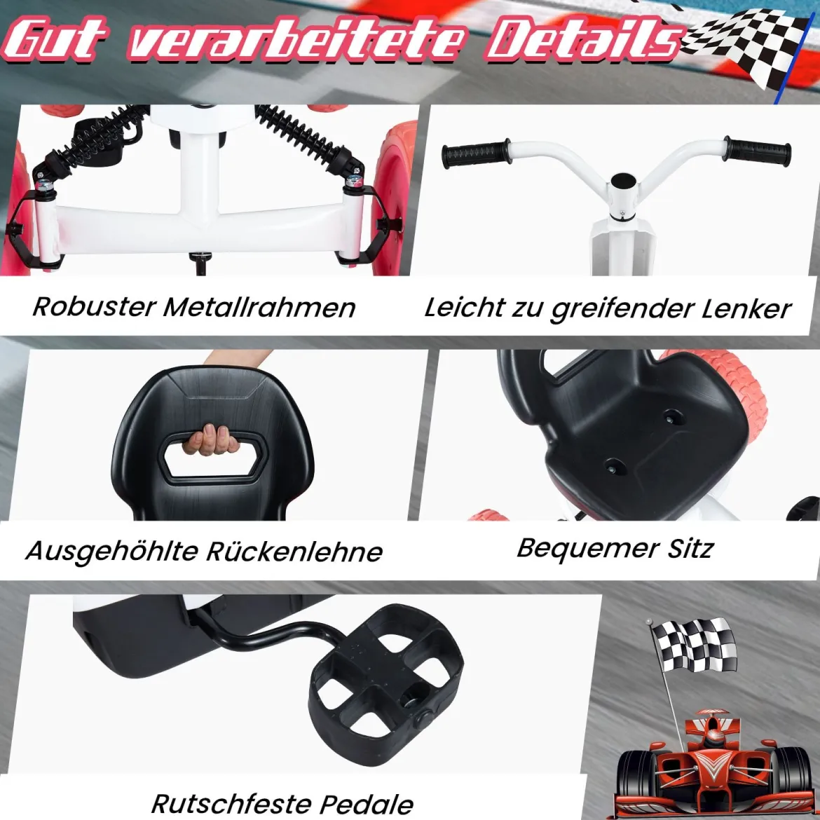 Kinder Gokart Tretauto mit Verstellbarem Sitz & Rücklehne Go Kart mit Pedal Vor- & Rückwärtsgang Weiß