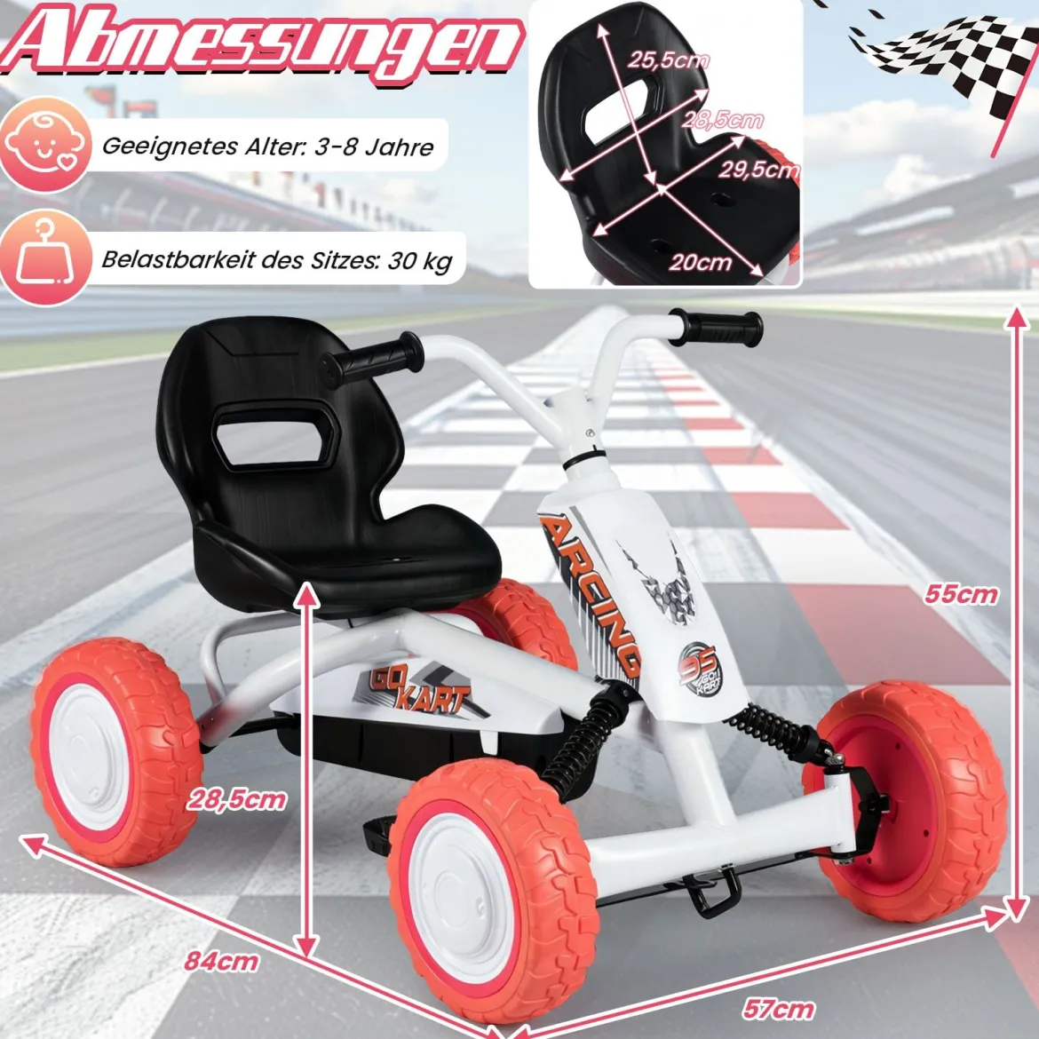 Kinder Gokart Tretauto mit Verstellbarem Sitz & Rücklehne Go Kart mit Pedal Vor- & Rückwärtsgang Weiß