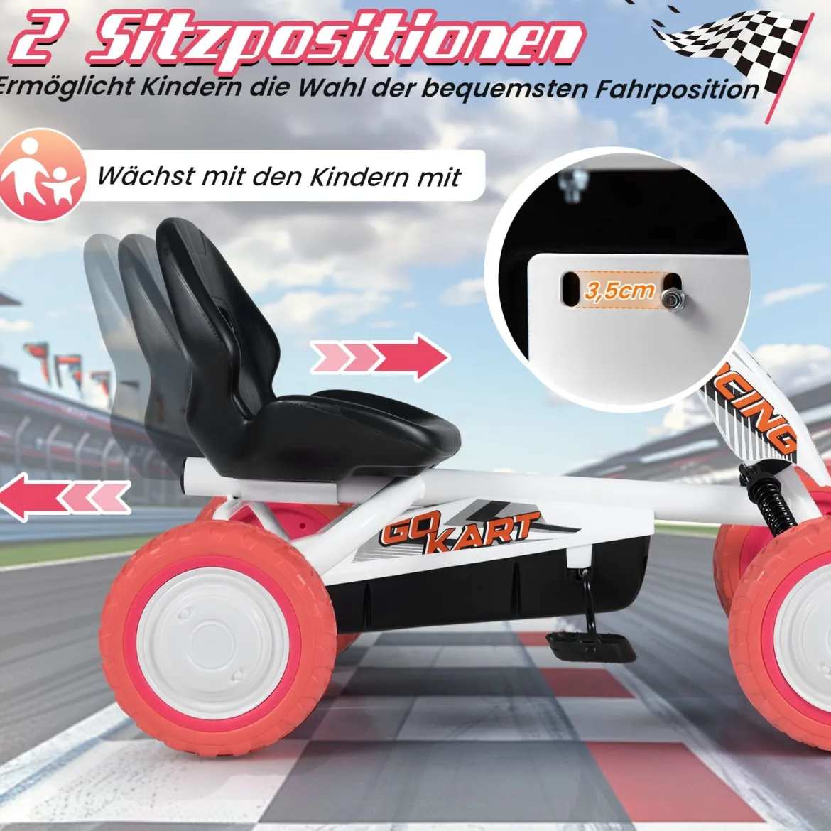 Kinder Gokart Tretauto mit Verstellbarem Sitz & Rücklehne Go Kart mit Pedal Vor- & Rückwärtsgang Weiß