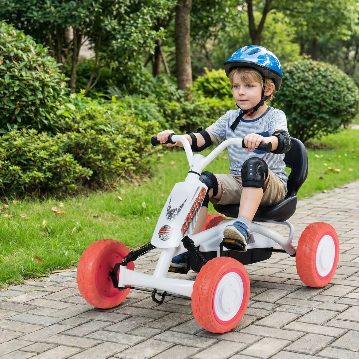Kinder Gokart Tretauto mit Verstellbarem Sitz & Rücklehne Go Kart mit Pedal Vor- & Rückwärtsgang Weiß