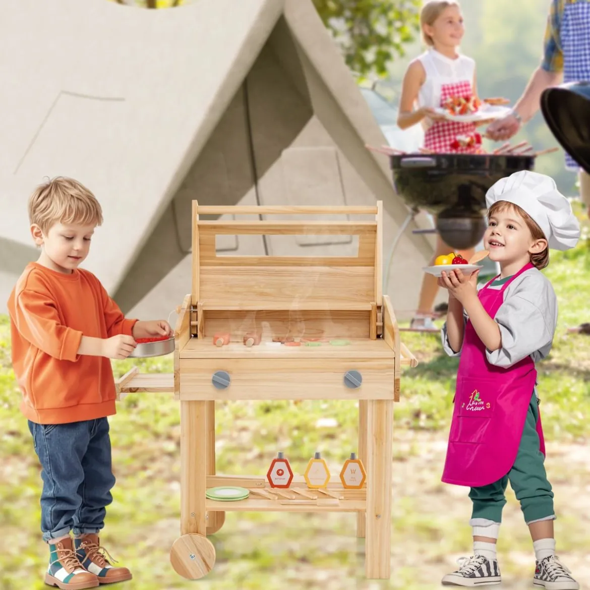 Kinder Grill-Spielset mit Spiel-Lebensmitteln & Grill-Werkzeugen & Zubehör Küchen Set