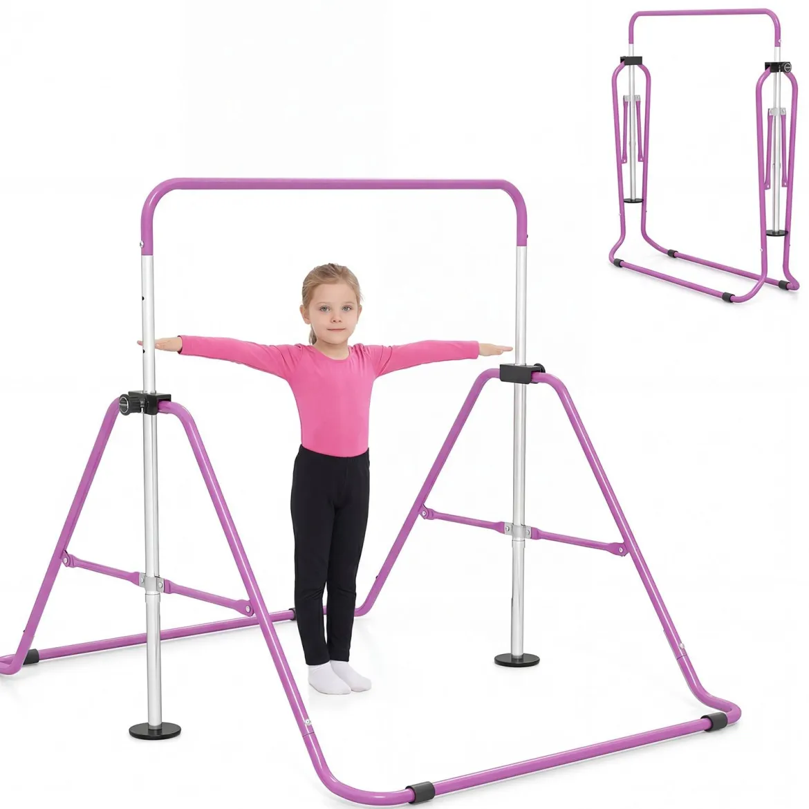 Kinder Gymnastikstange 90-130 cm Höhenverstellbar Faltbare Reckstange Turnstange bis 70 kg Tragbar Violett