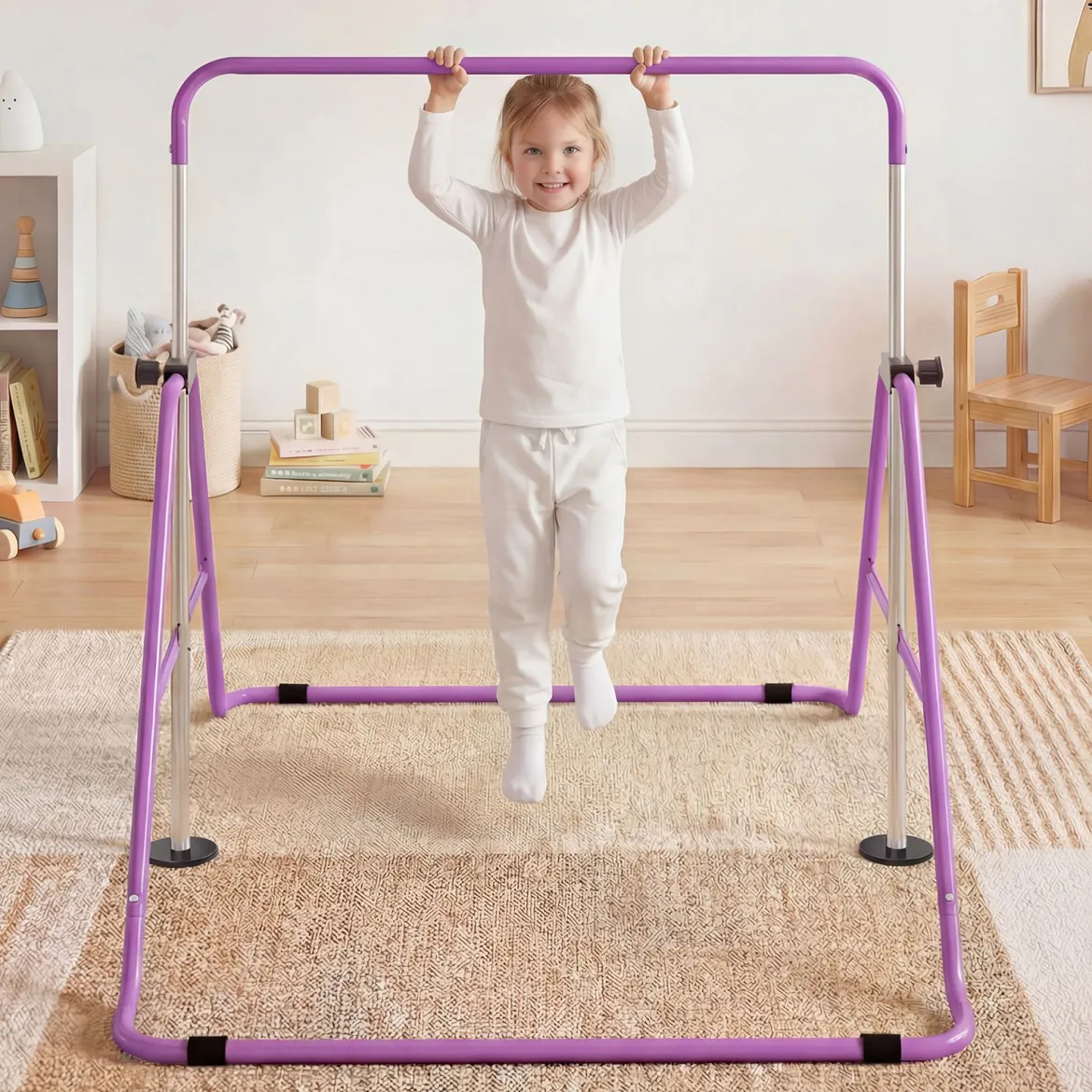 Kinder Gymnastikstange 90-130 cm Höhenverstellbar Faltbare Reckstange Turnstange bis 70 kg Tragbar Violett