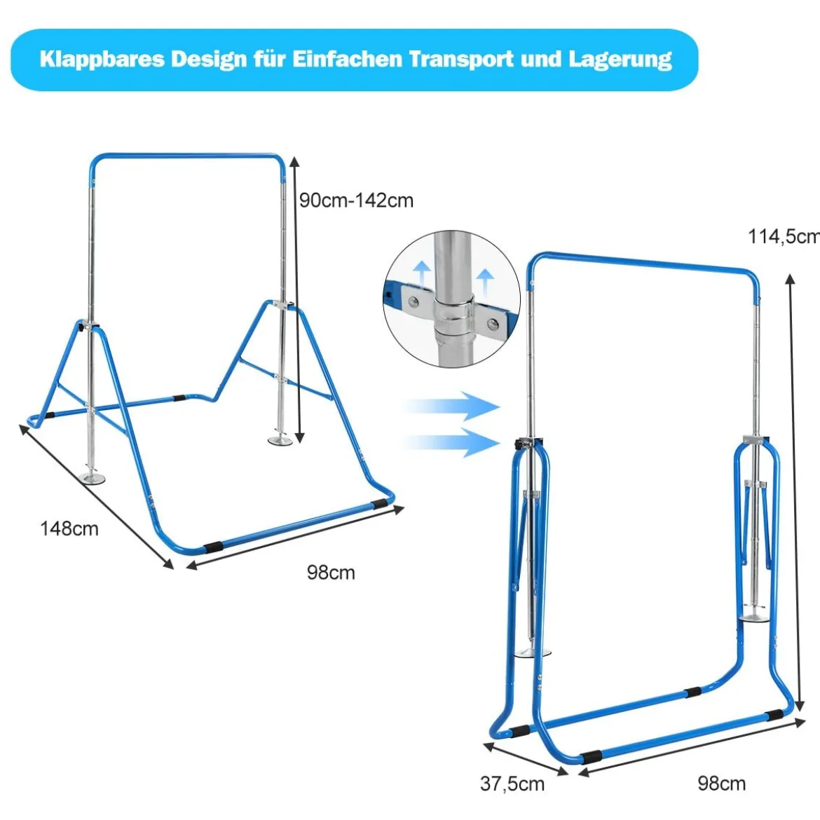 Kinder Gymnastikstange Höhenverstellbar Reckstange 90-130 cm Faltbare Turnstange Blau