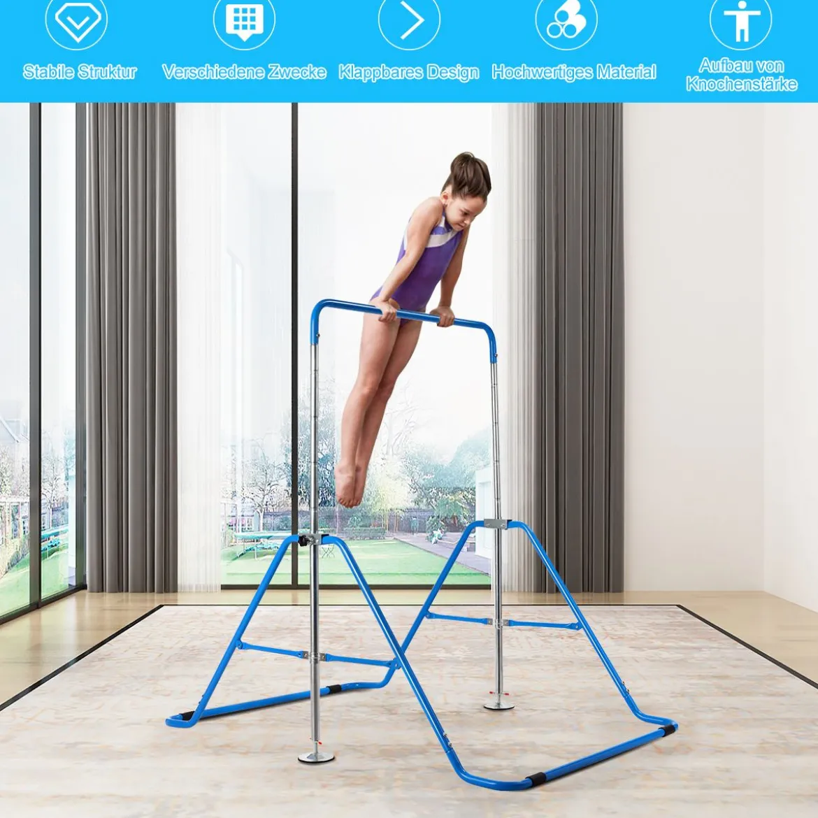 Kinder Gymnastikstange Höhenverstellbar Reckstange 90-130 cm Faltbare Turnstange Blau