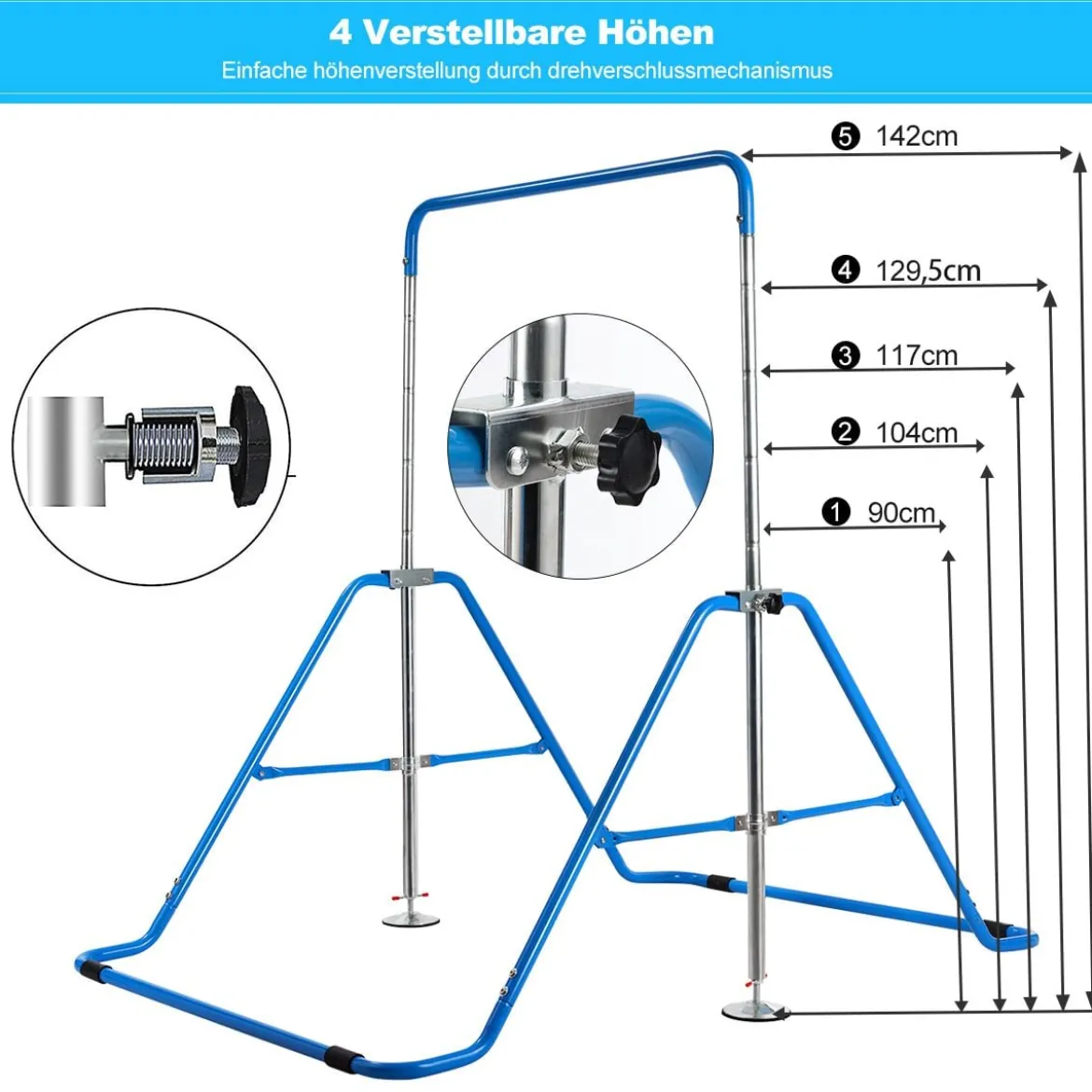 Kinder Gymnastikstange Höhenverstellbar Reckstange 90-130 cm Faltbare Turnstange Blau