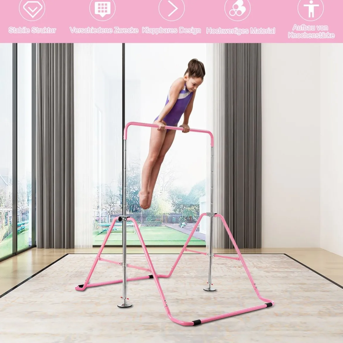 Kinder Gymnastikstange mit Gymnastikmatte Höhenverstellbar Reckstange 90-130 cm Rosa