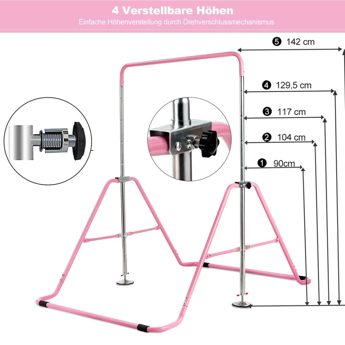 Kinder Gymnastikstange mit Gymnastikmatte Höhenverstellbar Reckstange 90-130 cm Rosa