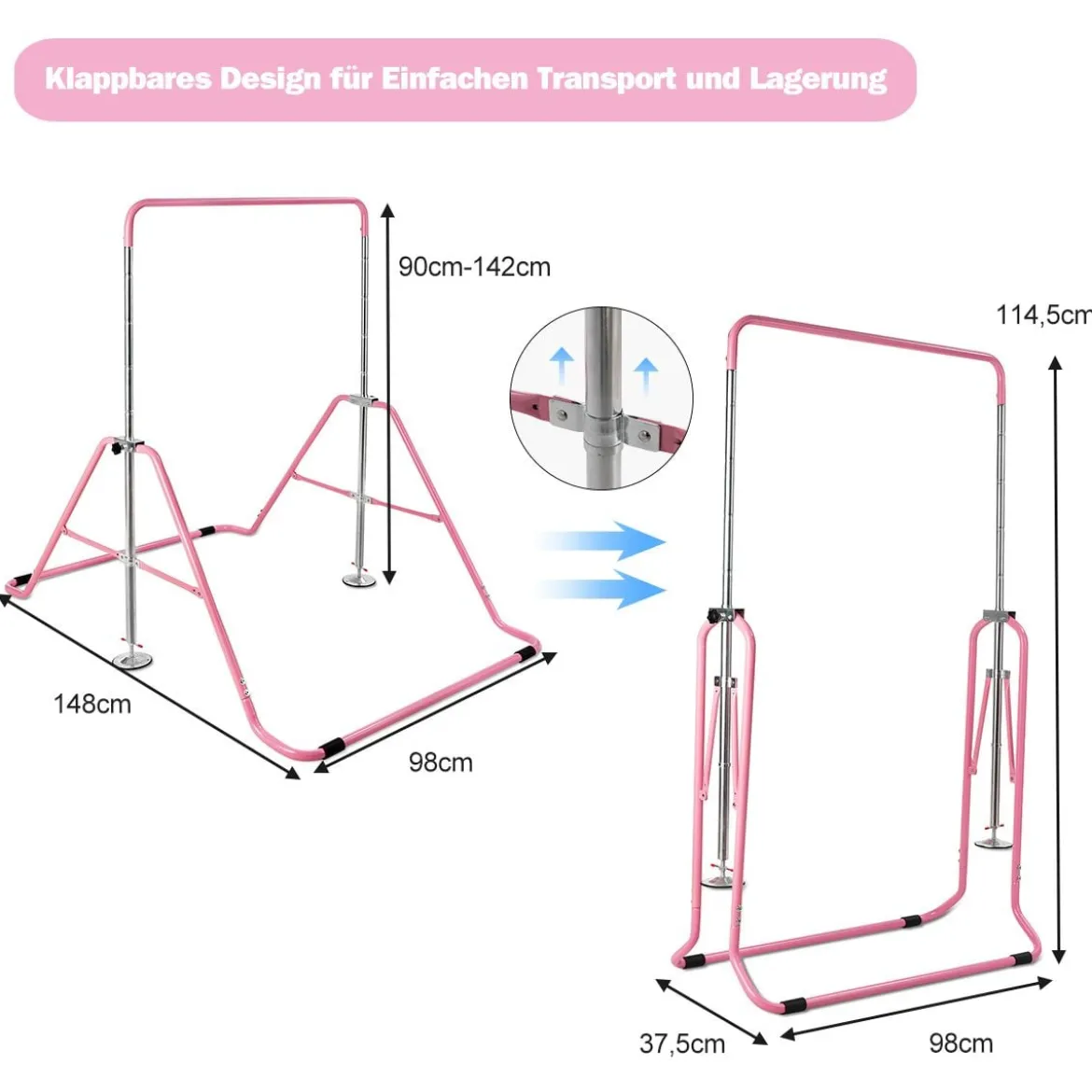 Kinder Gymnastikstange mit Gymnastikmatte Höhenverstellbar Reckstange 90-130 cm Rosa