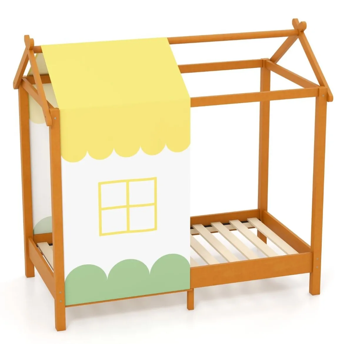 Kinderhaus-Bett mit Dach & Abnehmbarem Betthimmel & 12 Massivholzlatten Bodenbett Rahmen