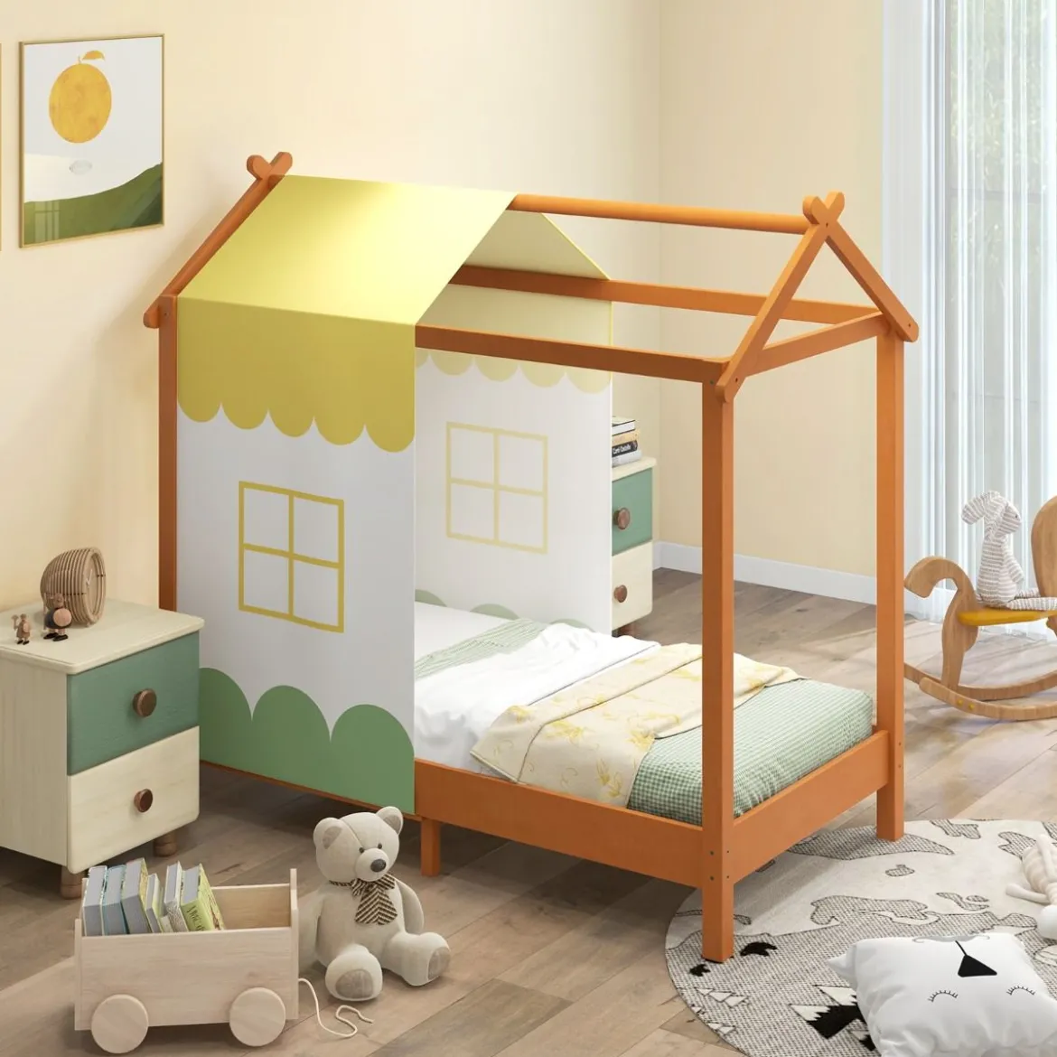Kinderhaus-Bett mit Dach & Abnehmbarem Betthimmel & 12 Massivholzlatten Bodenbett Rahmen
