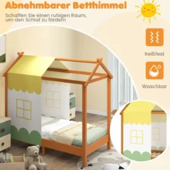 Kinderhaus-Bett mit Dach & Abnehmbarem Betthimmel & 12 Massivholzlatten Bodenbett Rahmen