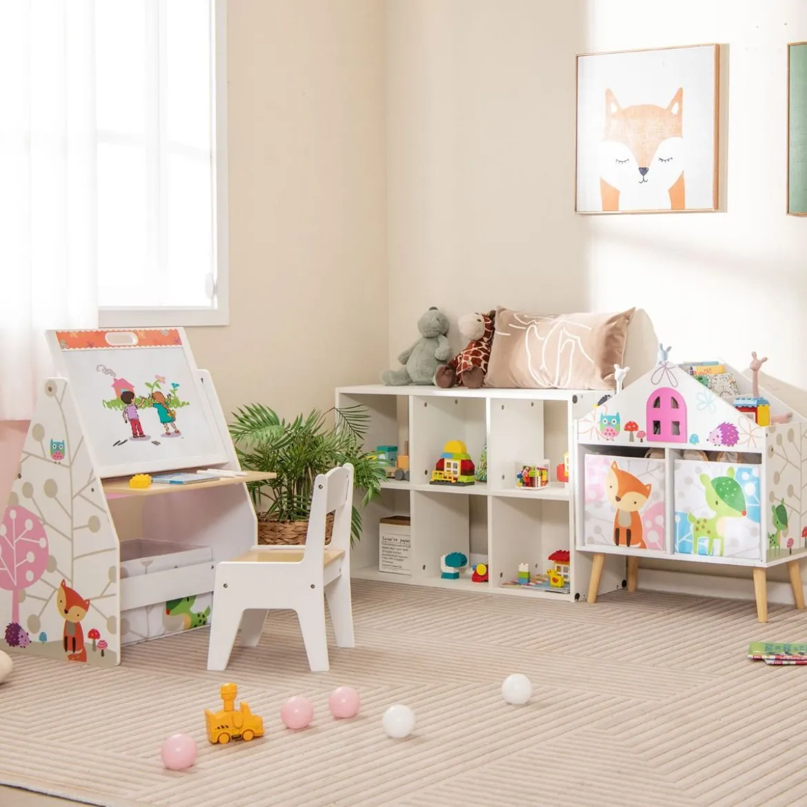 Kinderhausförmiges Bücherregal Holzpuppenhaus-Bücherregal mit 2 Aufbewahrungsboxen Bunt 62 x 30 x 72 cm