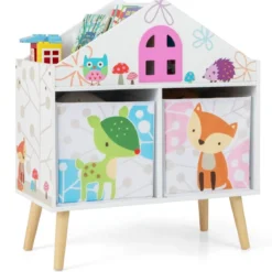 Kinderhausförmiges Bücherregal Holzpuppenhaus-Bücherregal mit 2 Aufbewahrungsboxen Bunt 62 x 30 x 72 cm