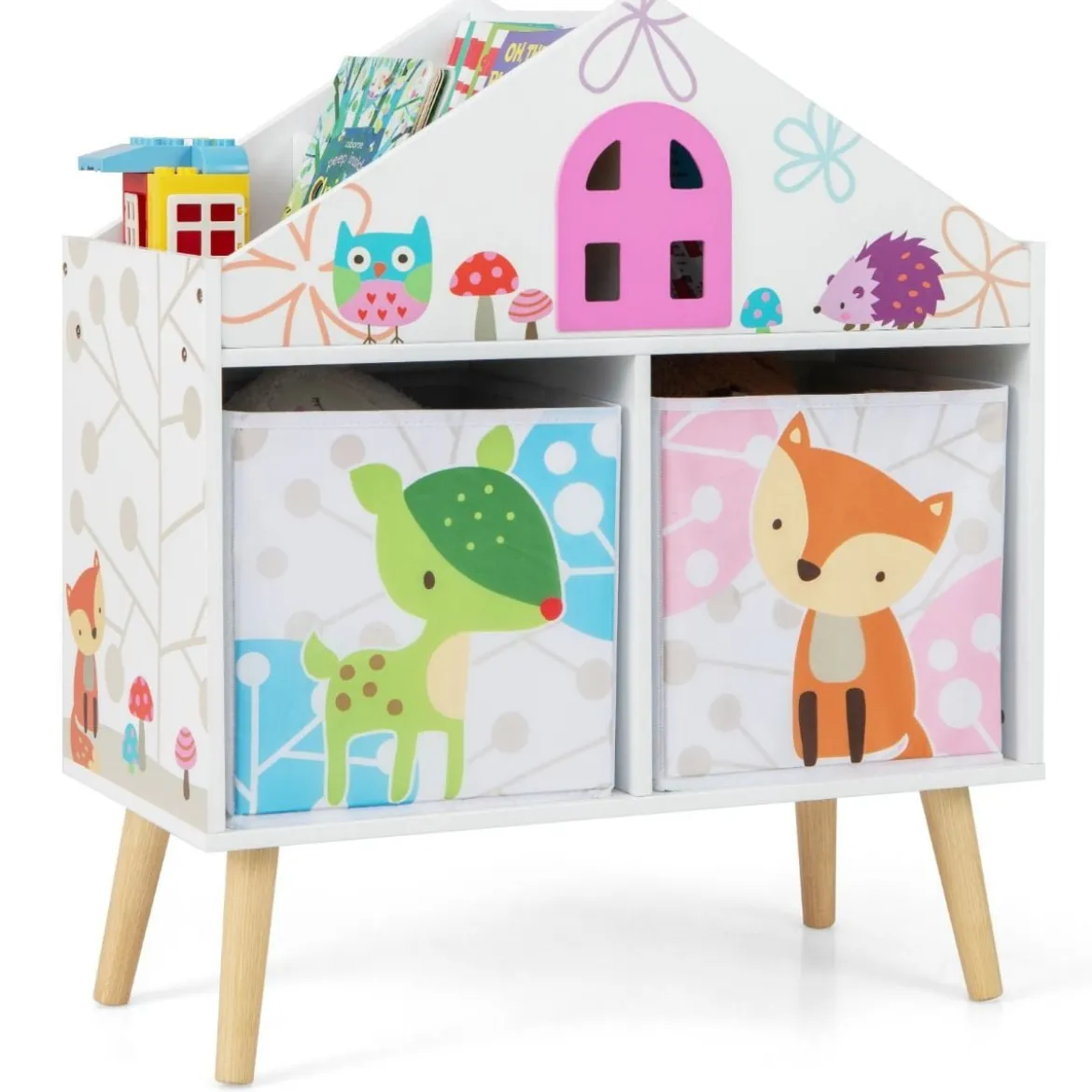 Kinderhausförmiges Bücherregal Holzpuppenhaus-Bücherregal mit 2 Aufbewahrungsboxen Bunt 62 x 30 x 72 cm