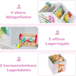 Kinderhausförmiges Bücherregal Holzpuppenhaus-Bücherregal mit 2 Aufbewahrungsboxen Bunt 62 x 30 x 72 cm