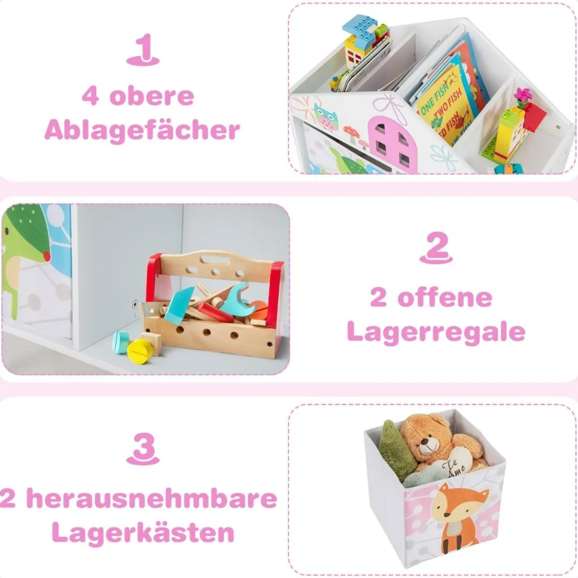 Kinderhausförmiges Bücherregal Holzpuppenhaus-Bücherregal mit 2 Aufbewahrungsboxen Bunt 62 x 30 x 72 cm