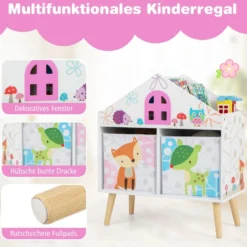 Kinderhausförmiges Bücherregal Holzpuppenhaus-Bücherregal mit 2 Aufbewahrungsboxen Bunt 62 x 30 x 72 cm