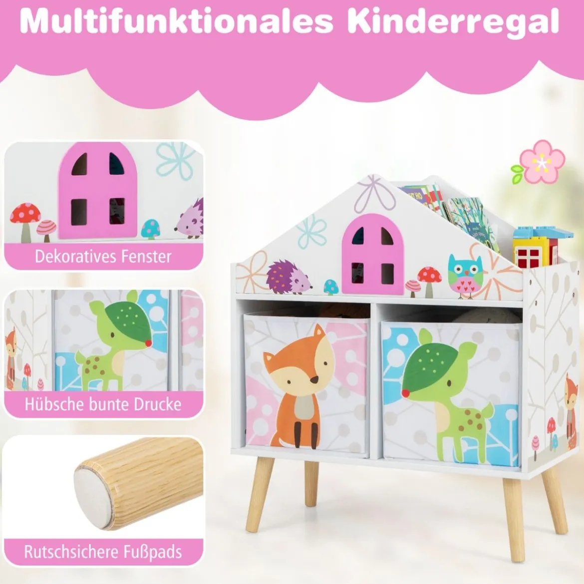 Kinderhausförmiges Bücherregal Holzpuppenhaus-Bücherregal mit 2 Aufbewahrungsboxen Bunt 62 x 30 x 72 cm