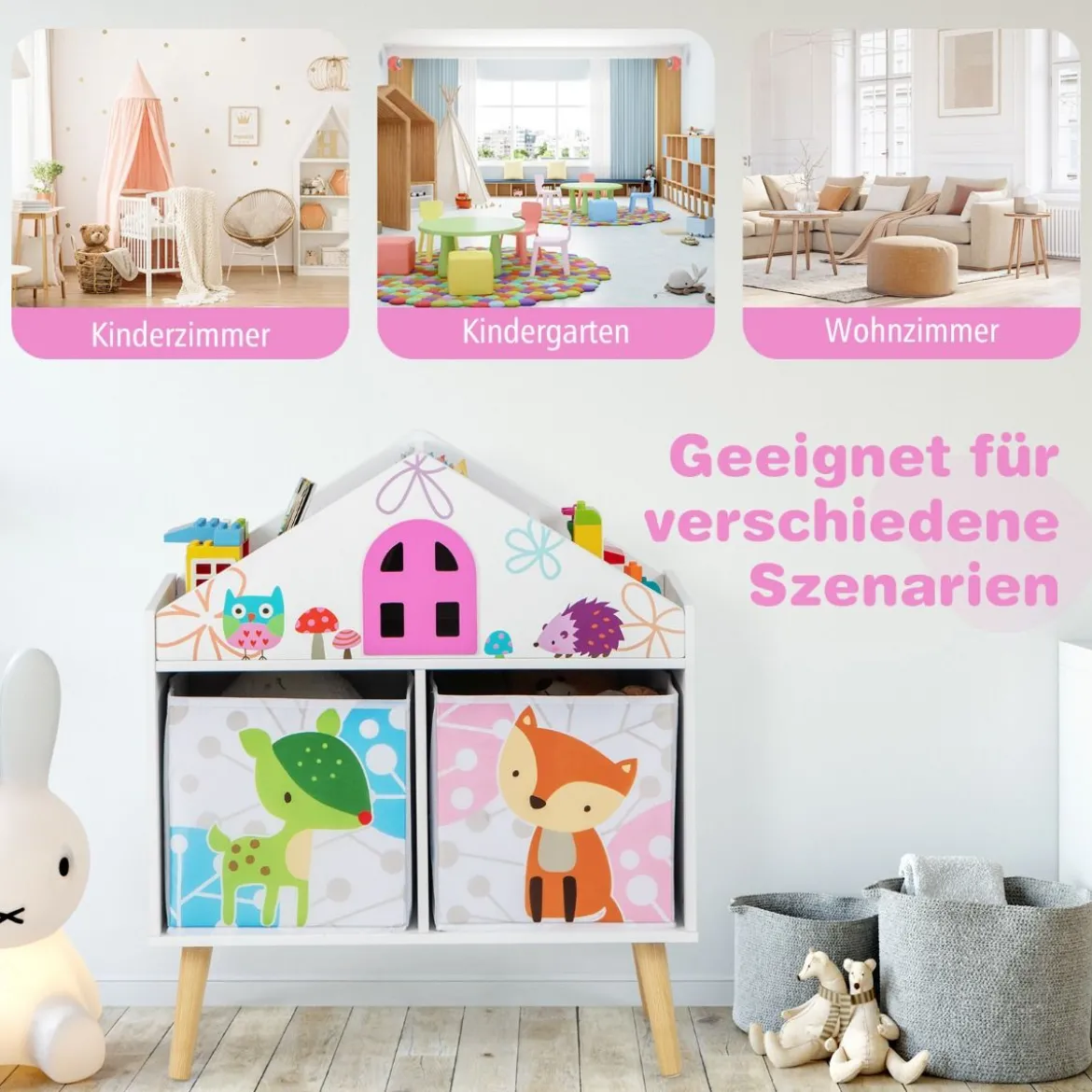 Kinderhausförmiges Bücherregal Holzpuppenhaus-Bücherregal mit 2 Aufbewahrungsboxen Bunt 62 x 30 x 72 cm