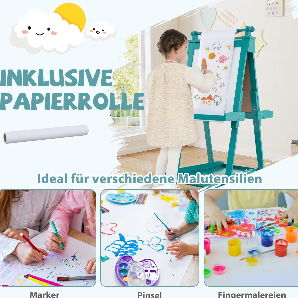 Kinder Höhenverstellbare Tafel mit Whiteboard & Magnetischer Tafel Klappbare Staffelei Grün