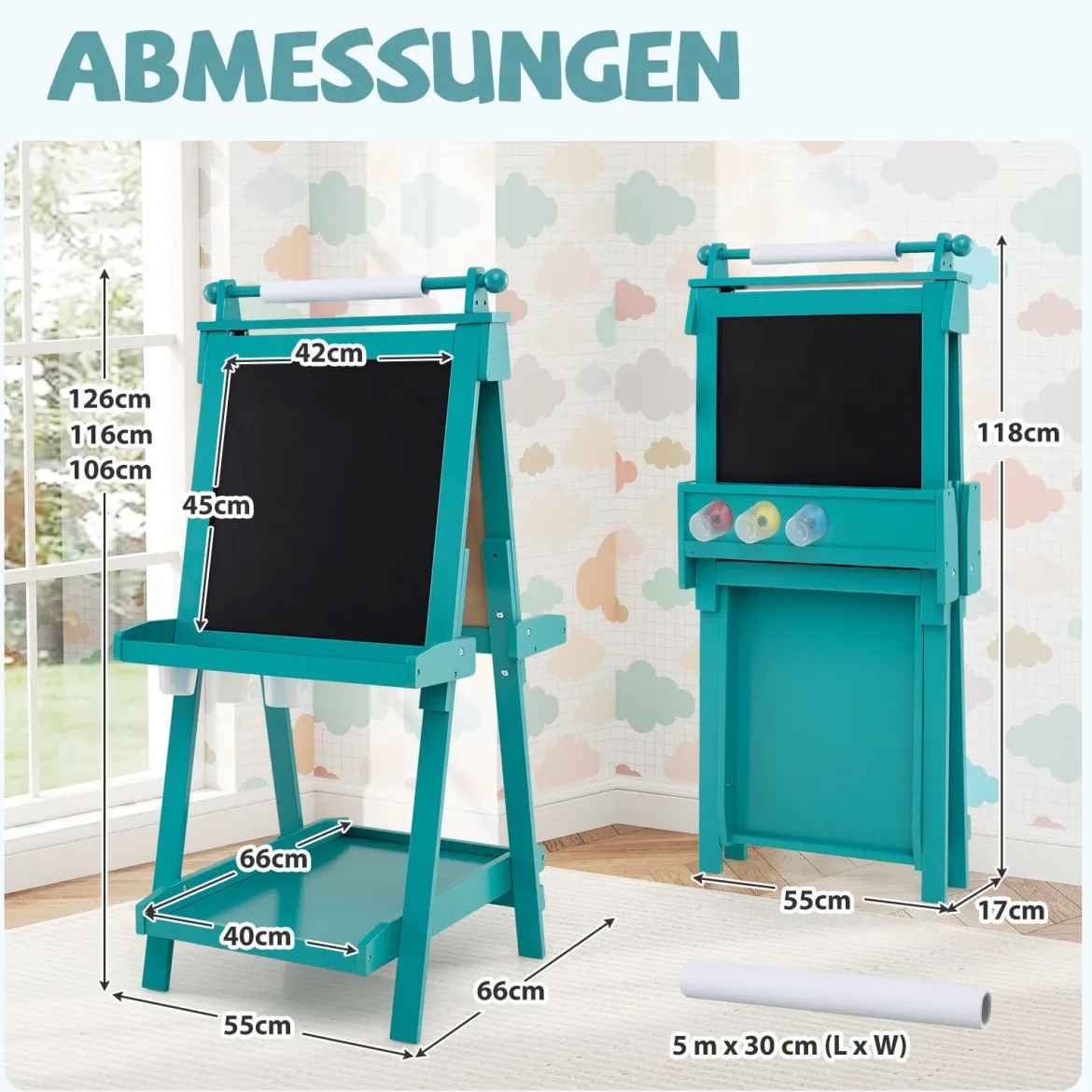 Kinder Höhenverstellbare Tafel mit Whiteboard & Magnetischer Tafel Klappbare Staffelei Grün