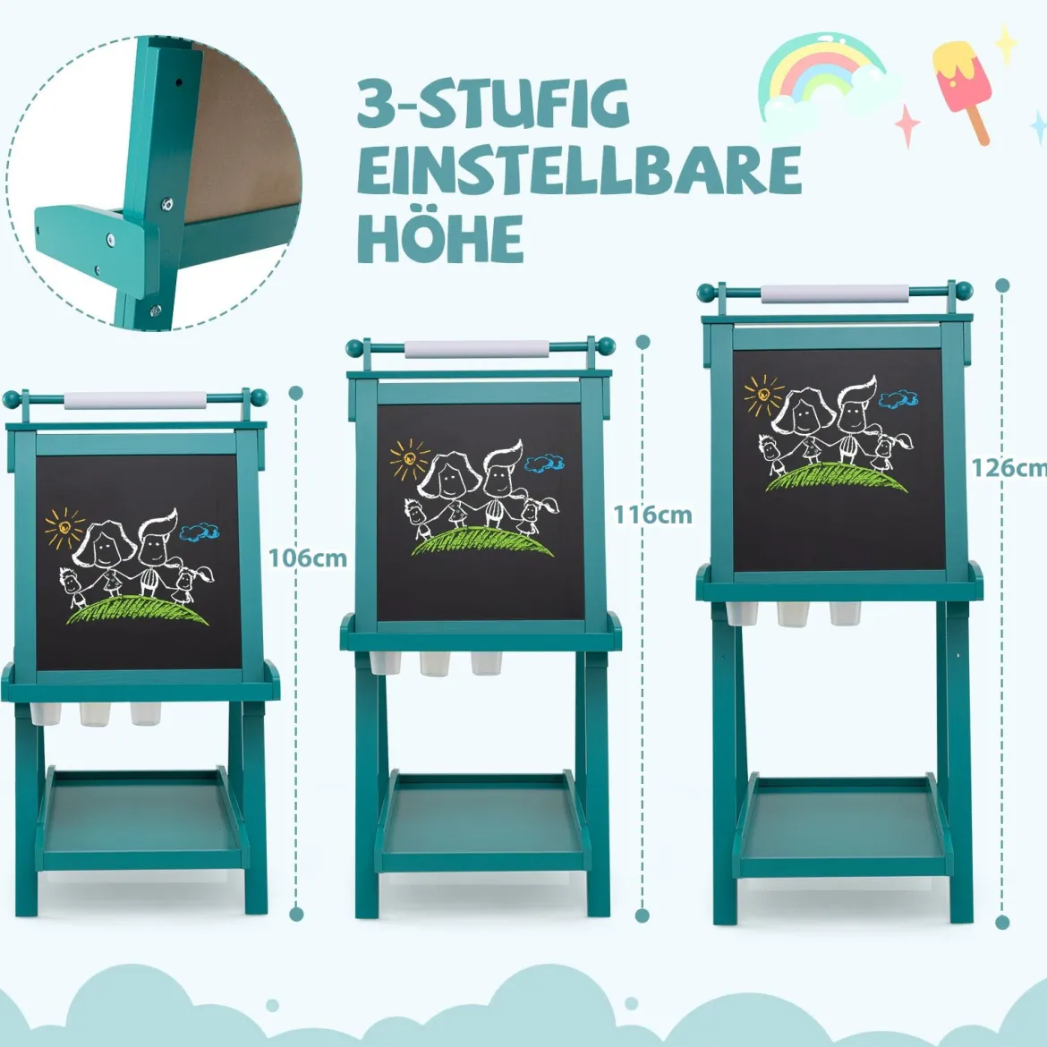 Kinder Höhenverstellbare Tafel mit Whiteboard & Magnetischer Tafel Klappbare Staffelei Grün