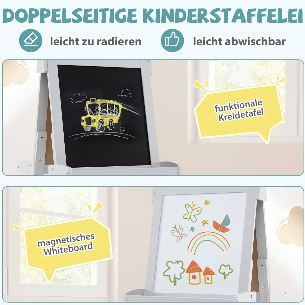 Kinder Höhenverstellbare Tafel mit Whiteboard & Magnetischer Tafel Klappbare Staffelei Grau