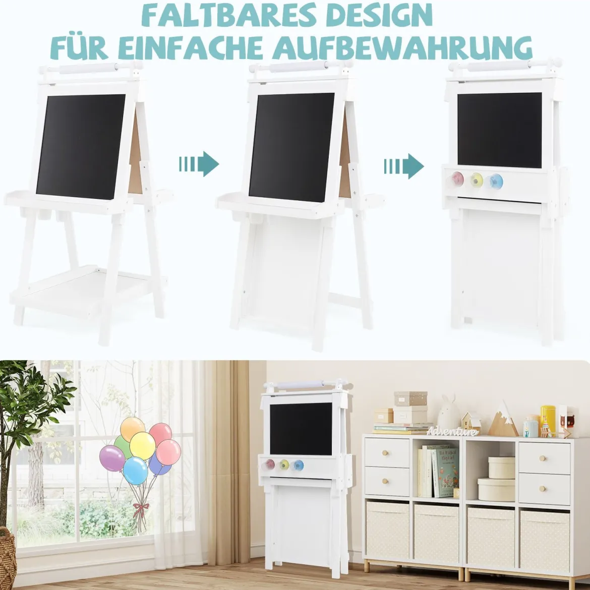 Kinder Höhenverstellbare Tafel mit Whiteboard & Magnetischer Tafel Klappbare Staffelei Weiß
