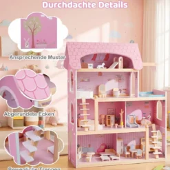 Kinder Holzpuppenhaus mit 33 Möbelstücken DIY-Spielhaus mit Balkon & Pool Dollhaus Rosa