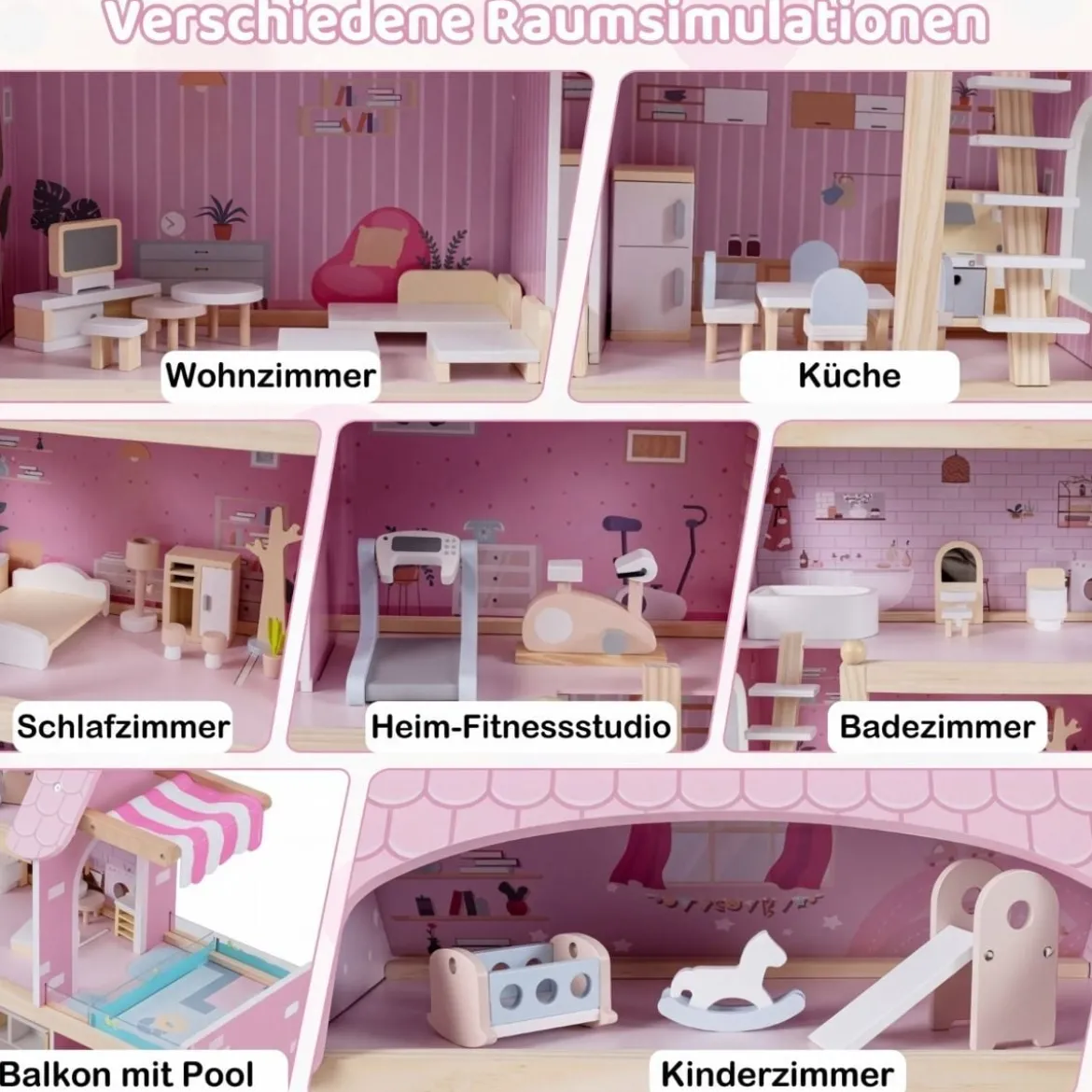 Kinder Holzpuppenhaus mit 33 Möbelstücken DIY-Spielhaus mit Balkon & Pool Dollhaus Rosa