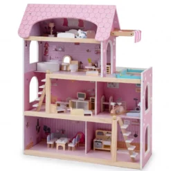Kinder Holzpuppenhaus mit 33 Möbelstücken DIY-Spielhaus mit Balkon & Pool Dollhaus Rosa
