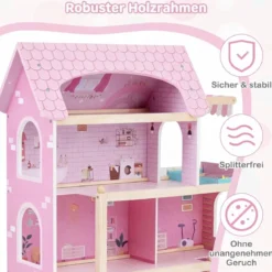 Kinder Holzpuppenhaus mit 33 Möbelstücken DIY-Spielhaus mit Balkon & Pool Dollhaus Rosa
