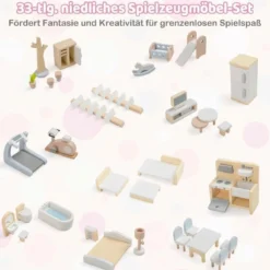 Kinder Holzpuppenhaus mit 33 Möbelstücken DIY-Spielhaus mit Balkon & Pool Dollhaus Rosa