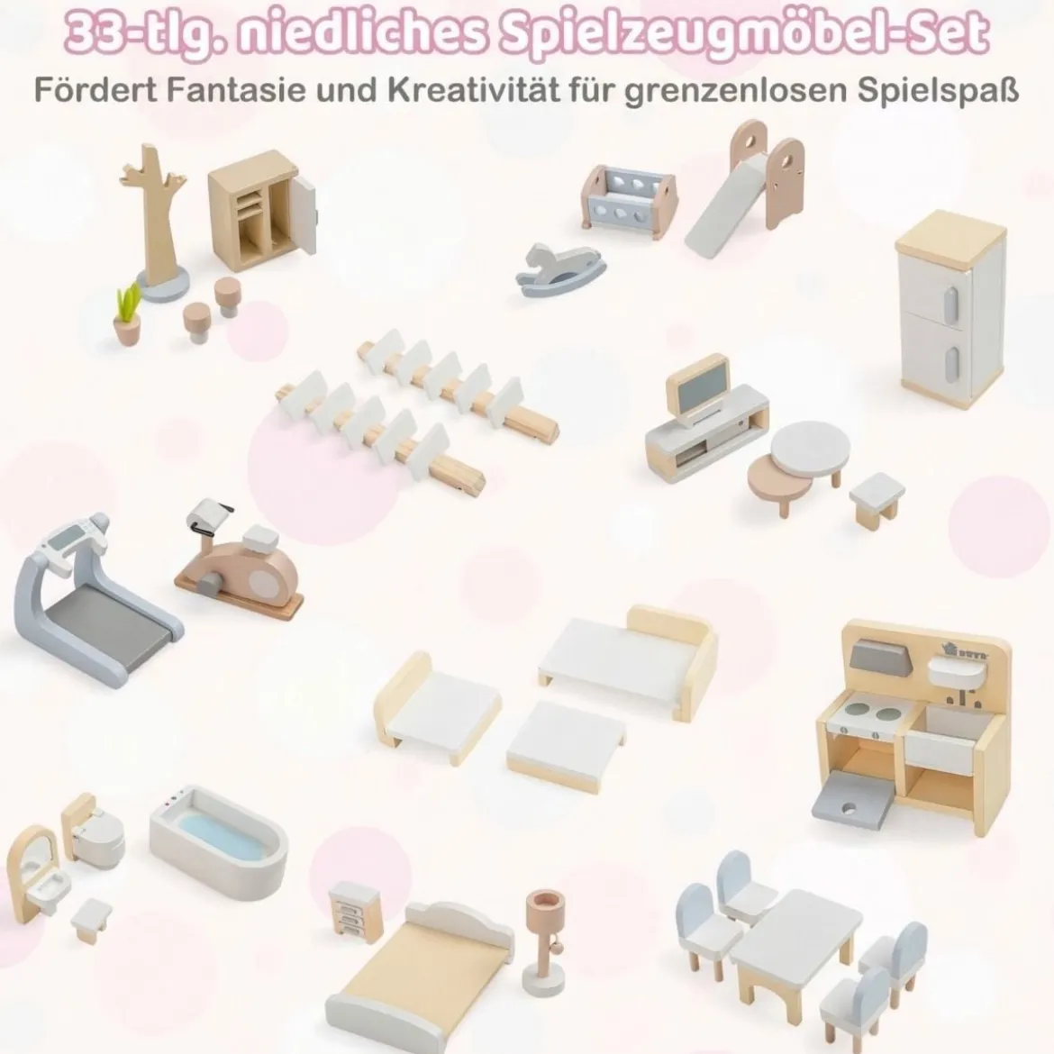 Kinder Holzpuppenhaus mit 33 Möbelstücken DIY-Spielhaus mit Balkon & Pool Dollhaus Rosa