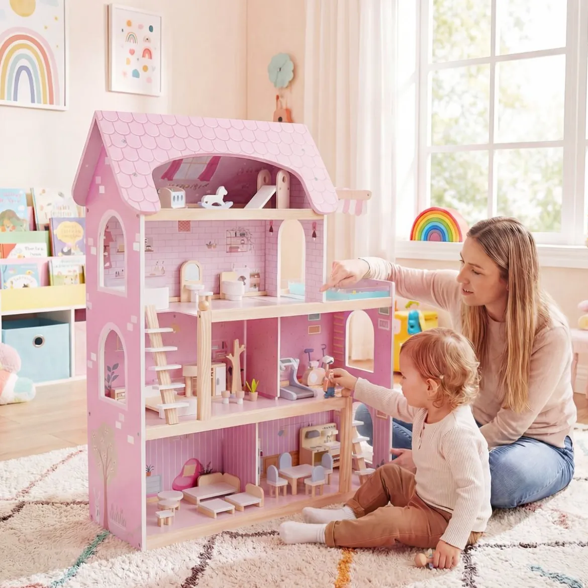 Kinder Holzpuppenhaus mit 33 Möbelstücken DIY-Spielhaus mit Balkon & Pool Dollhaus Rosa