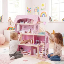 Kinder Holzpuppenhaus mit 33 Möbelstücken DIY-Spielhaus mit Balkon & Pool Dollhaus Rosa