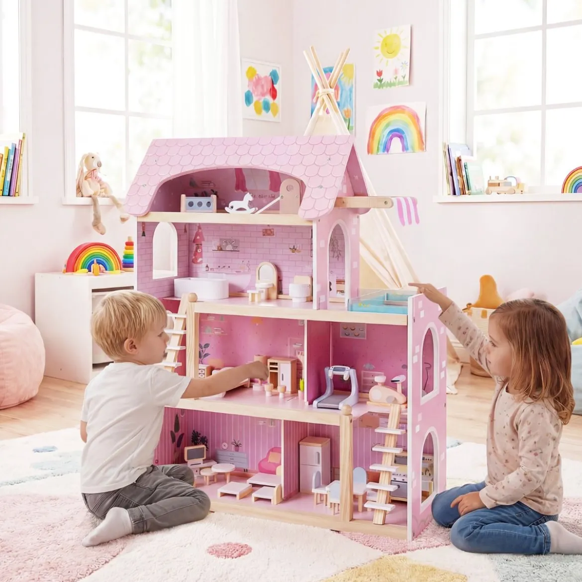Kinder Holzpuppenhaus mit 33 Möbelstücken DIY-Spielhaus mit Balkon & Pool Dollhaus Rosa