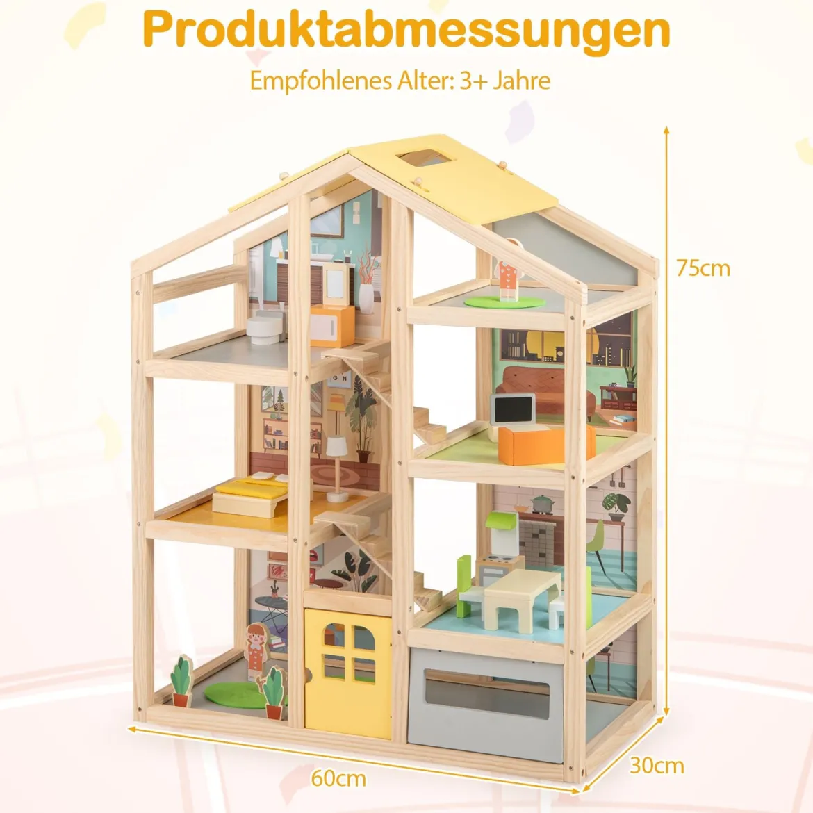 Kinder Holz Puppenhaus mit Möbelstücken & Figuren Familien-Spielhaus mit DIY-Traumhaus