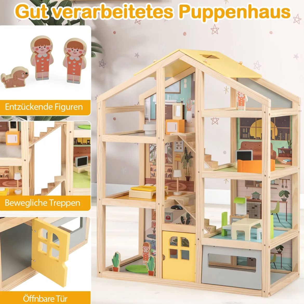 Kinder Holz Puppenhaus mit Möbelstücken & Figuren Familien-Spielhaus mit DIY-Traumhaus