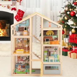 Kinder Holz Puppenhaus mit Möbelstücken & Figuren Familien-Spielhaus mit DIY-Traumhaus