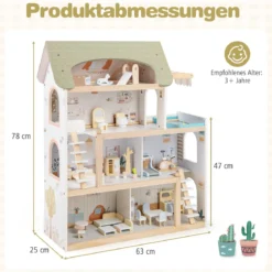 Kinder Holzpuppenhaus mit 33 Möbelstücken DIY-Spielhaus mit Balkon & Pool Dollhaus Hellgrün