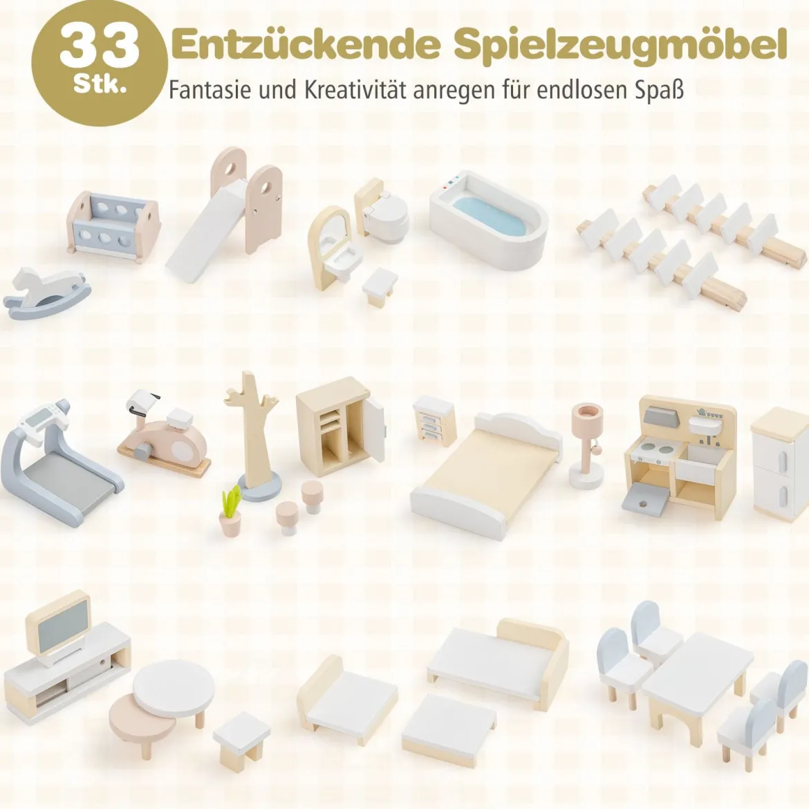 Kinder Holzpuppenhaus mit 33 Möbelstücken DIY-Spielhaus mit Balkon & Pool Dollhaus Hellgrün