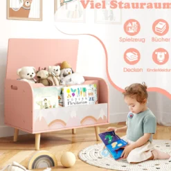 Kinder Holzspielzeugkiste mit Frontbücherregal & Klappdeckel Spielzeugtruhe Spielzeugorganizer Pink