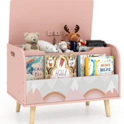 Kinder Holzspielzeugkiste mit Frontbücherregal & Klappdeckel Spielzeugtruhe Spielzeugorganizer Pink