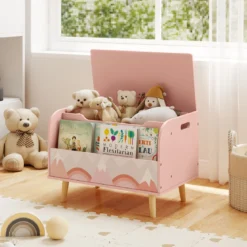 Kinder Holzspielzeugkiste mit Frontbücherregal & Klappdeckel Spielzeugtruhe Spielzeugorganizer Pink